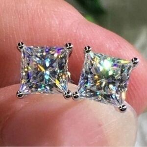 18k White Gold Over Sterling Silver Premium CZ Princess Cut 2 Carat Earrings